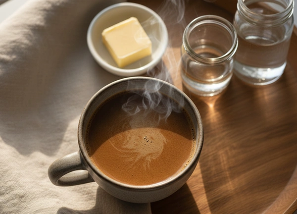 Bulletproof Coffee served hot in a ceramic cup for a keto breakfast