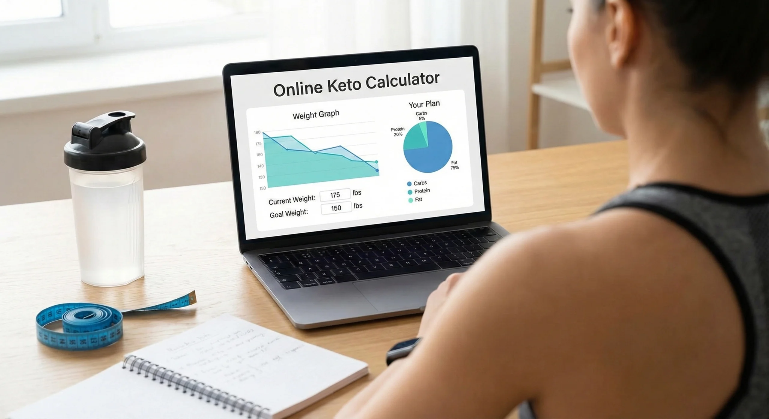 Keto calculator for weight loss interface with healthy fats and lean protein