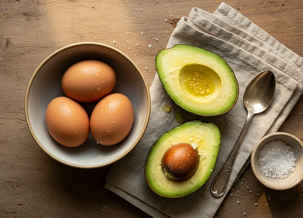 Eggs and sliced avocado on a wooden table, high-fat low-carb keto breakfast