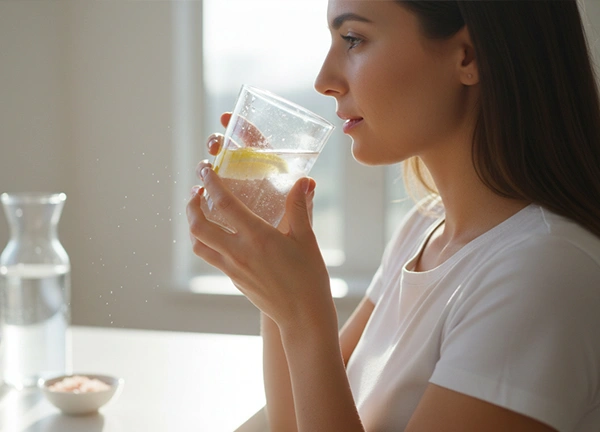 Woman drinking water with lemon and salt for keto hydration and electrolyte balance