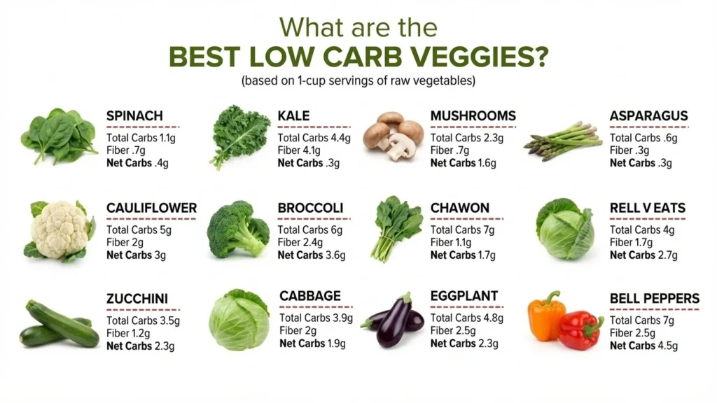 Infographic showing net carbs, total carbs, and fiber content for keto-friendly low carb vegetables like spinach, kale, cauliflower, zucchini, and more