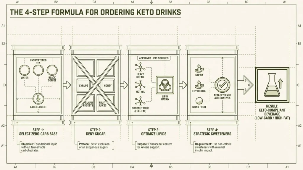Flowchart diagram showing the four steps to build keto drinks: Select Zero-Carb Base, Deny Sugar, Optimize Lipids, and Strategic Sweeteners.