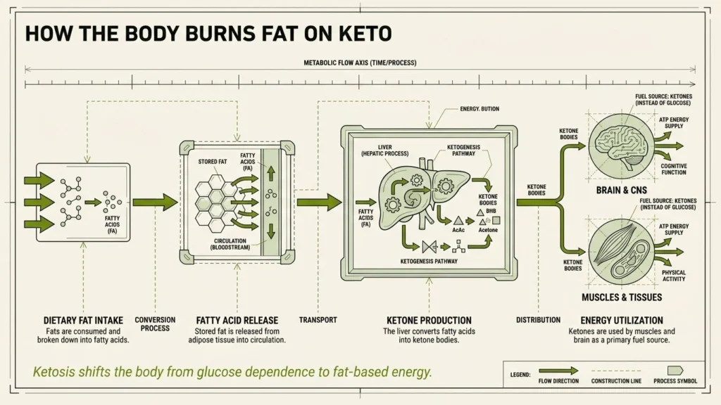 Visual schematic of the fat-burning process during ketosis