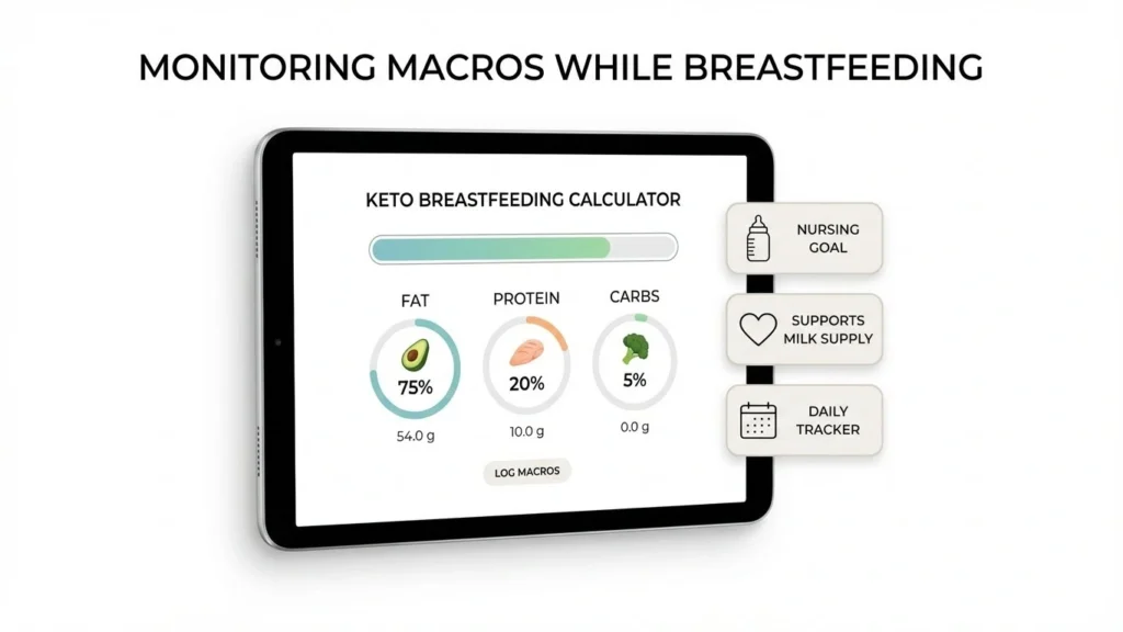 A nursing mother using a keto breastfeeding calculator on a digital tablet to track her daily nutrient intake