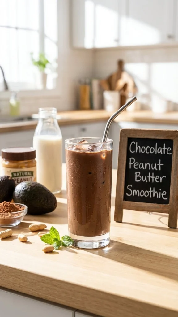 A rich, brown chocolate peanut butter smoothie in a tall glass. Ingredients on the table include a jar of natural peanut butter, cocoa powder, almond milk, and a whole avocado. Sign reads: "Chocolate Peanut Butter Smoothie".