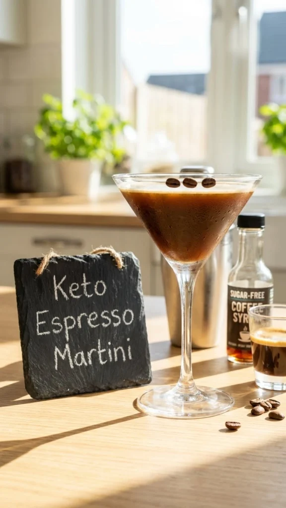 A sophisticated Keto Espresso Martini in a glass garnished with three coffee beans. A bottle of "Sugar-Free Coffee Syrup" and a chalkboard sign reading "Keto Espresso Martini" are visible in the bright kitchen background.
