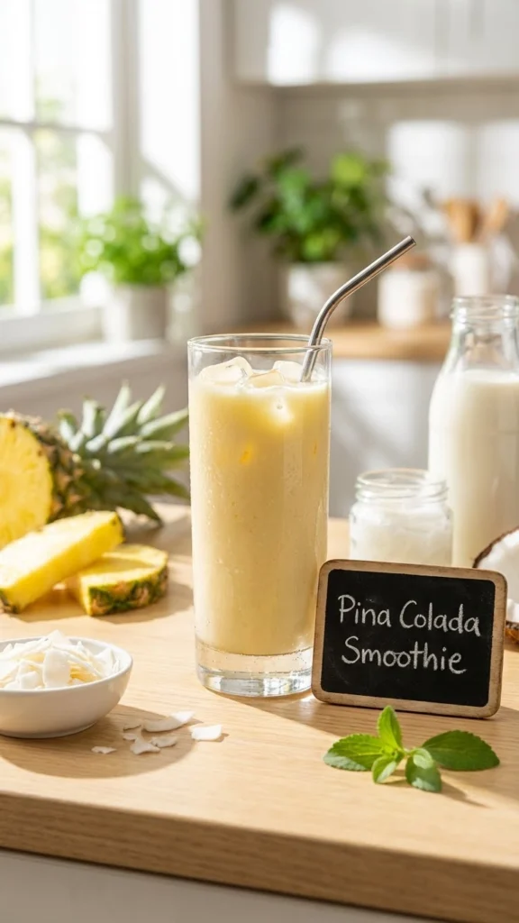 A tall, yellow iced smoothie with a metal straw. Fresh pineapple slices and coconut flakes are on the table. A small chalkboard sign reads "Pina Colada Smoothie". Bright and sunny lighting.