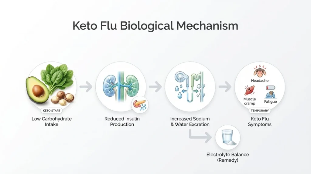 Flowchart illustrating how low insulin leads to kidney sodium excretion and keto flu symptoms