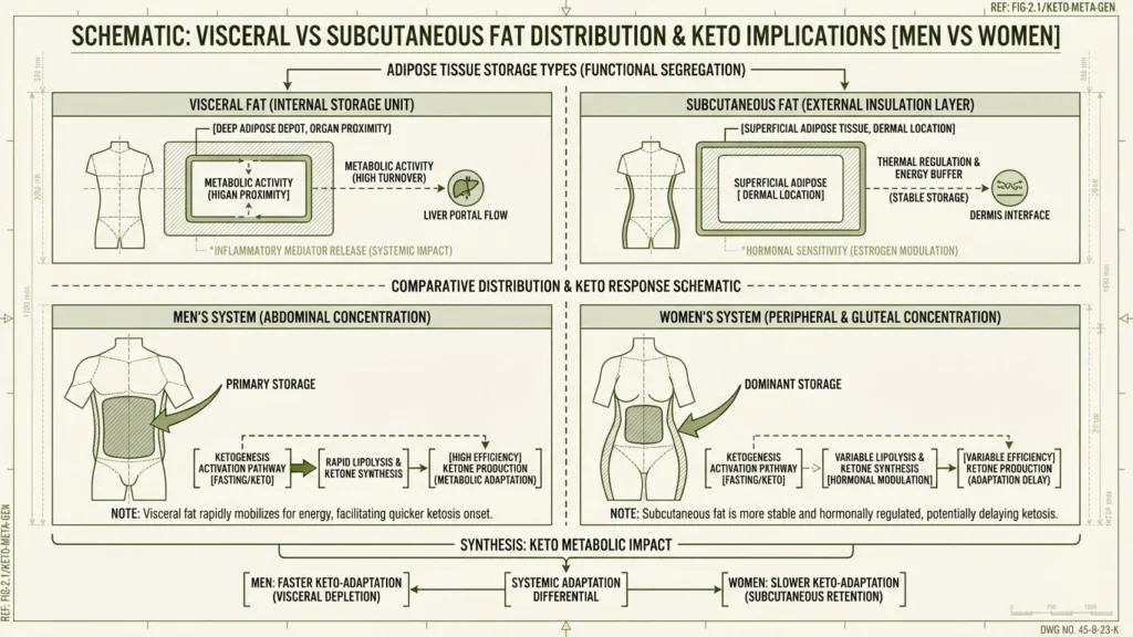 An anatomical diagram illustrating the difference in fat storage (visceral vs subcutaneous) influencing keto for men vs women