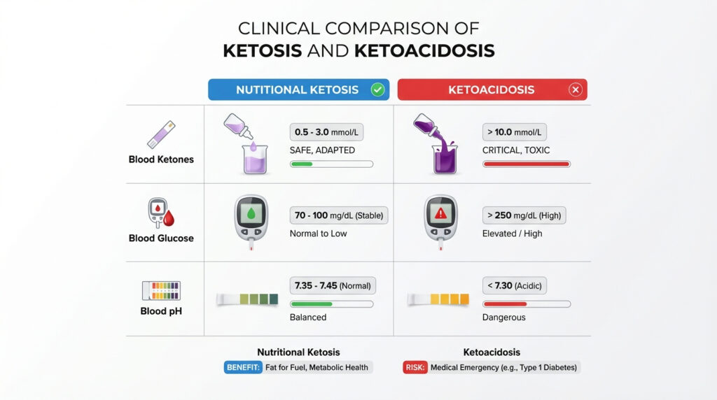 A comparison chart showing ketosis vs ketoacidosis blood ketone levels, glucose, and pH markers.