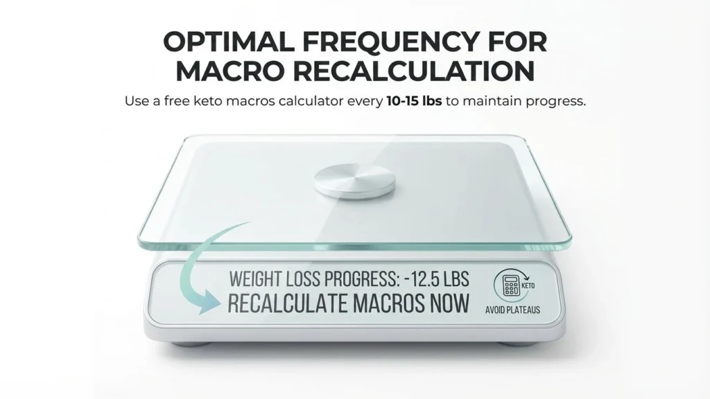 Educational graphic showing why to use a free keto macros calculator every 10-15 pounds of weight loss to avoid plateaus.