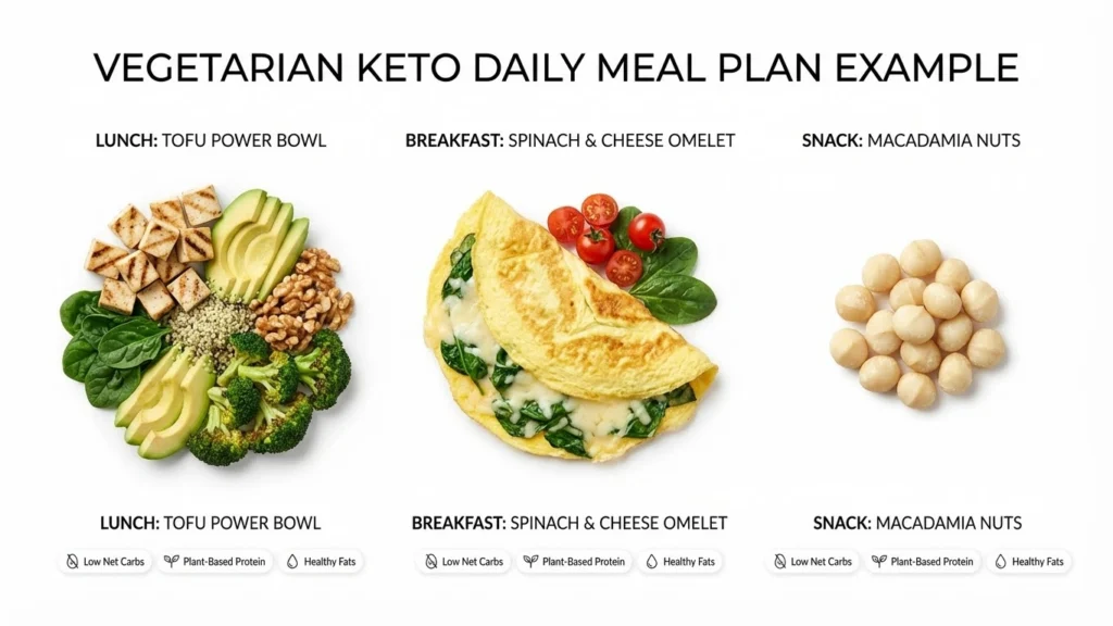 A visual representation of a daily vegetarian keto plan meal prep featuring a tofu bowl, omelet, and macadamia nuts.