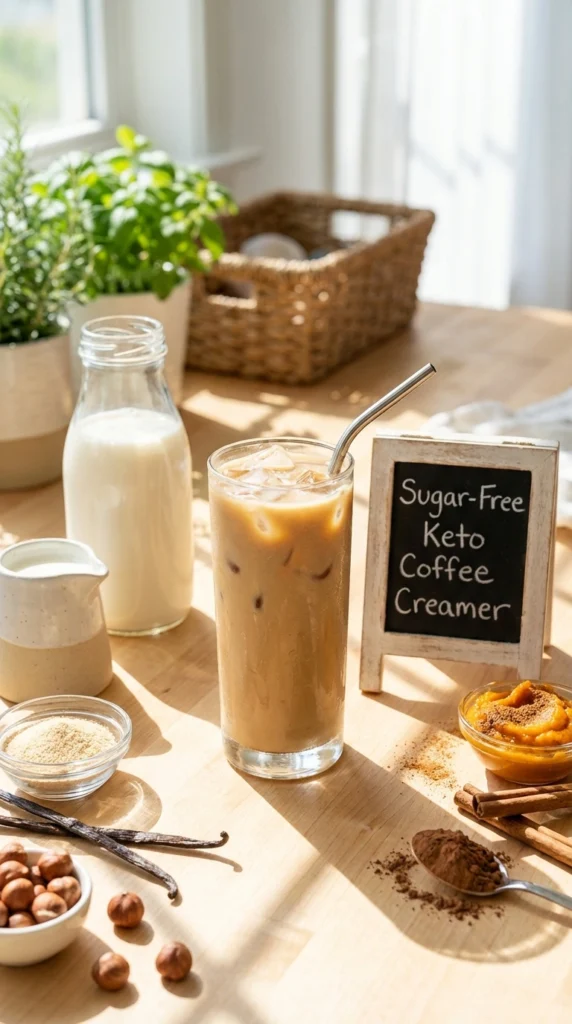 Homemade Keto Coffee Creamer Poured Into Black Coffee Keto Coffee Creamer being poured into a cup of hot coffee, showing a creamy swirl and smooth texture;