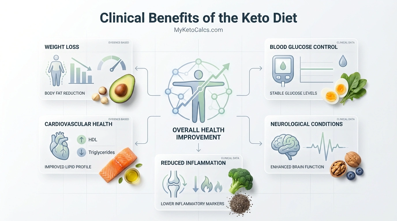Clinical Benefits of the Keto Diet for Metabolic and Neurological Health Clinical infographic illustrating keto diet benefits including weight loss, blood glucose control, cardiovascular health, and neurological support