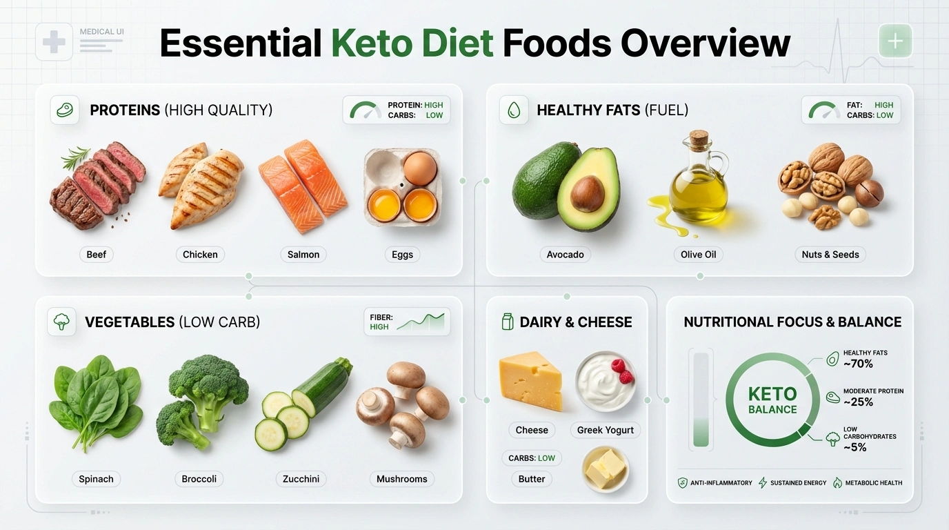 Essential Keto Diet Foods: Whole-Food Category Overview Top-down layout of keto diet foods: meat, salmon, eggs, avocado, olive oil, nuts, seeds, and low-carb vegetables organized by category.