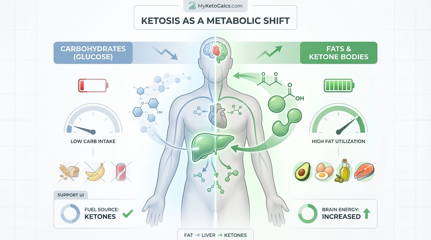 Keto diet metabolic shift from glucose to fat burning through food choices