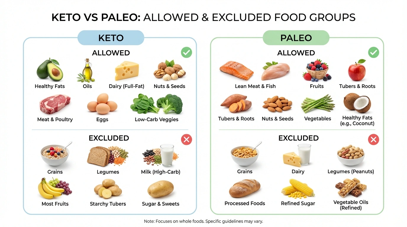 Keto vs paleo and Mediterranean diet food pyramid comparison