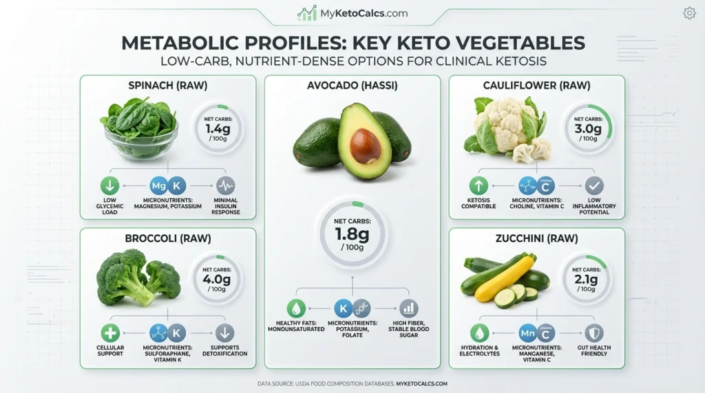 Infographic showing metabolic profiles of spinach, cauliflower, avocado, broccoli, and zucchini as keto friendly vegetables.