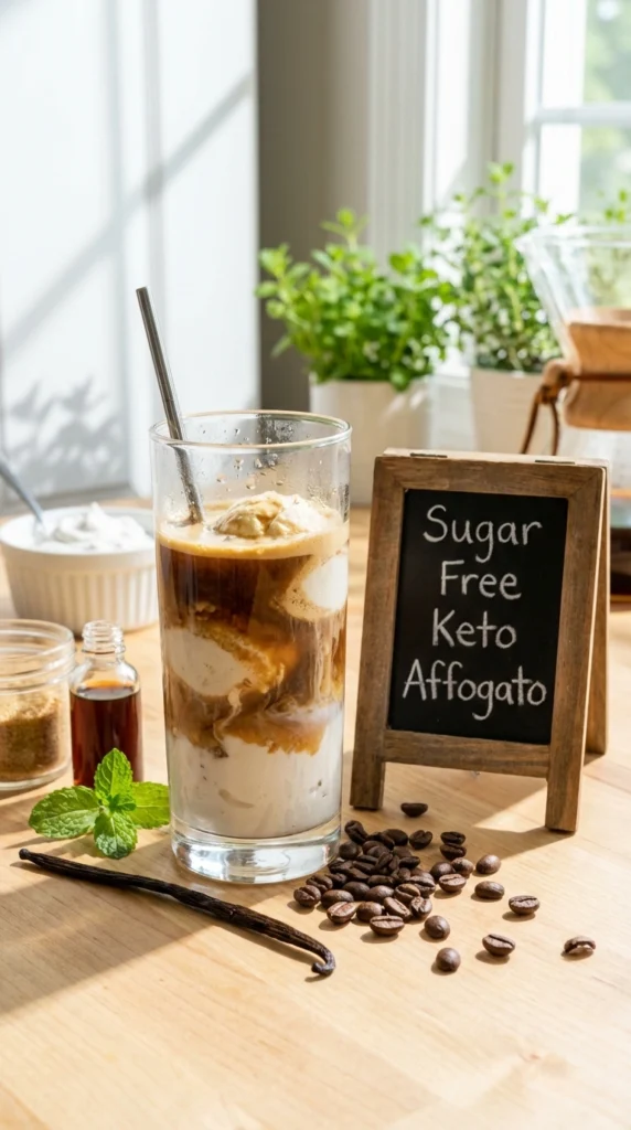 Sugar-Free Keto Affogato in Glass Sugar-Free Keto Affogato served in a glass with two scoops of keto ice cream and hot espresso poured on top;