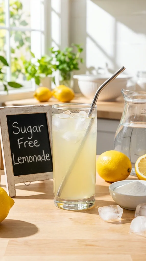 ugar Free Lemonade Served Over Ice with Fresh Lemon Sugar Free Lemonade served in a glass over ice with fresh lemon slices, showing a light and refreshing keto drink