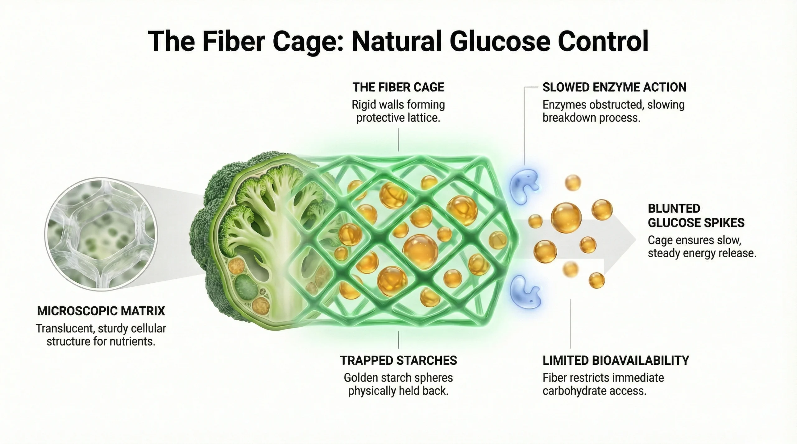 Fiber cage concept showing different metabolic impact of whole vegetables vs refined carbs