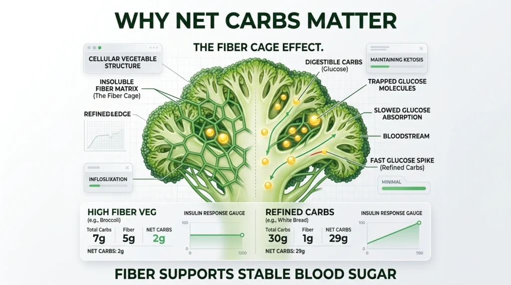 Scientific diagram of the plant fiber cage slowing glucose absorption in low carb vegetables.