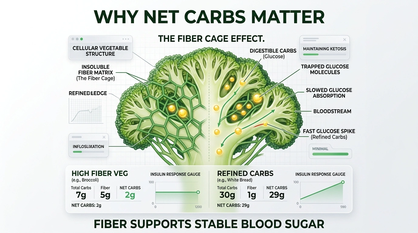 Fiber cage metabolic impact diagram showing how intact cellular matrices slow carbohydrate absorption