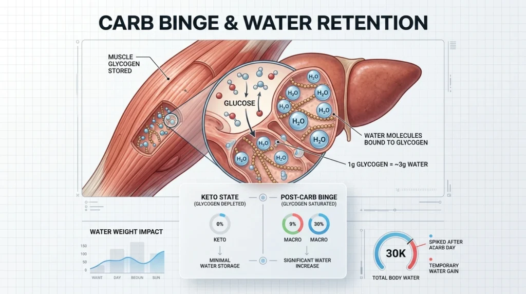 Scientific diagram illustrating how one gram of glycogen binds to three grams of water, explaining bloating before getting back into ketosis.