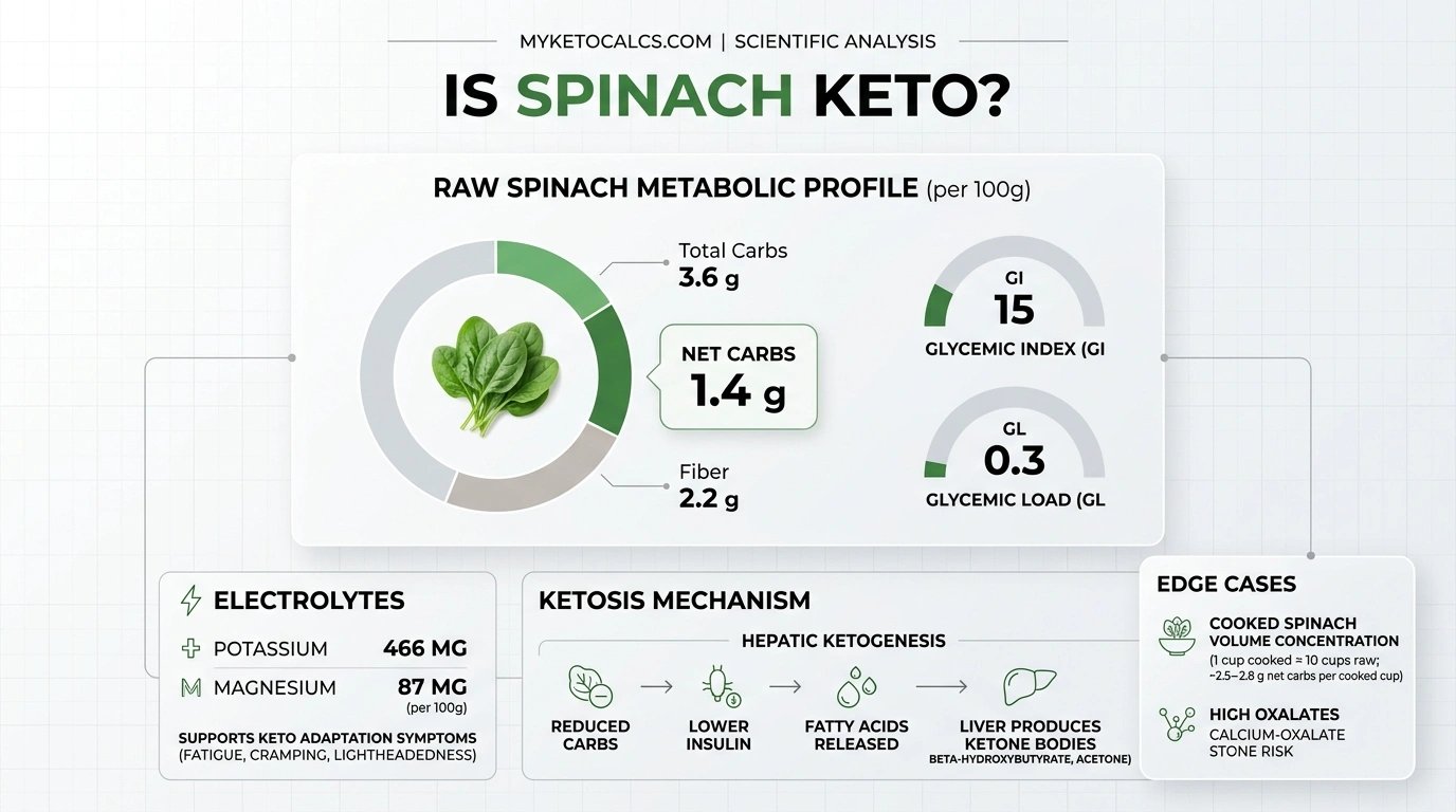 Is spinach keto — metabolic profile infographic showing net carbs, GI, and GL