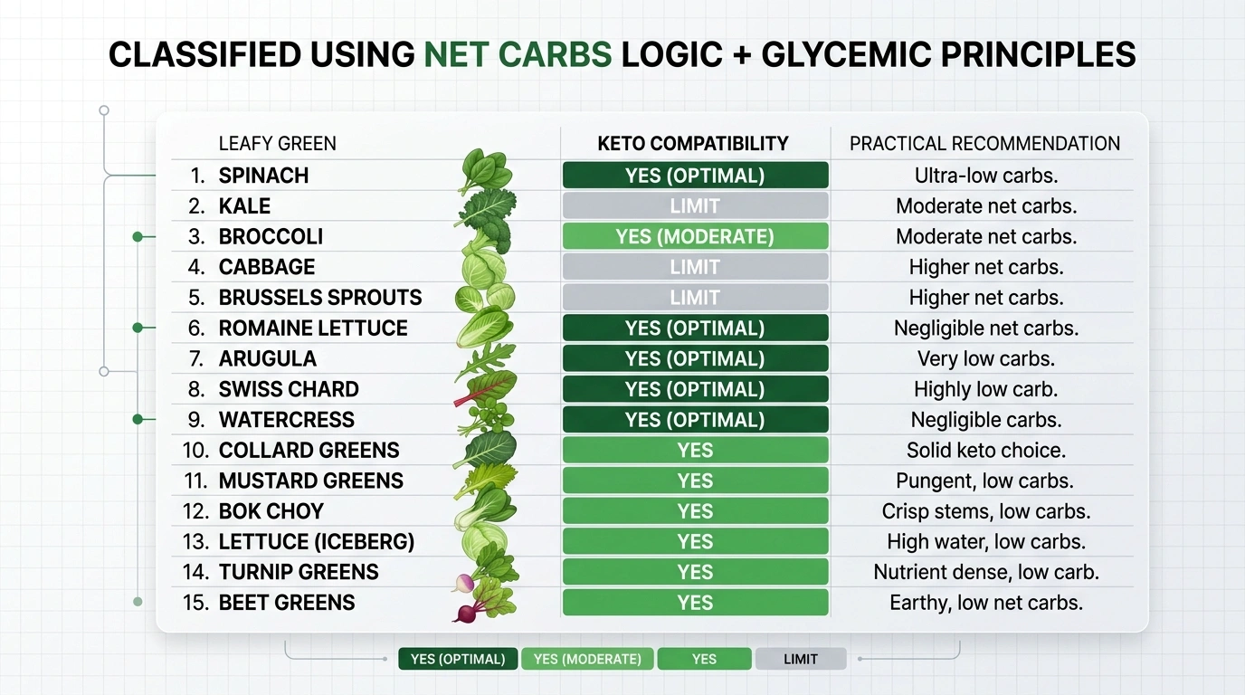 Keto greens compatibility matrix — 15 leafy greens ranked