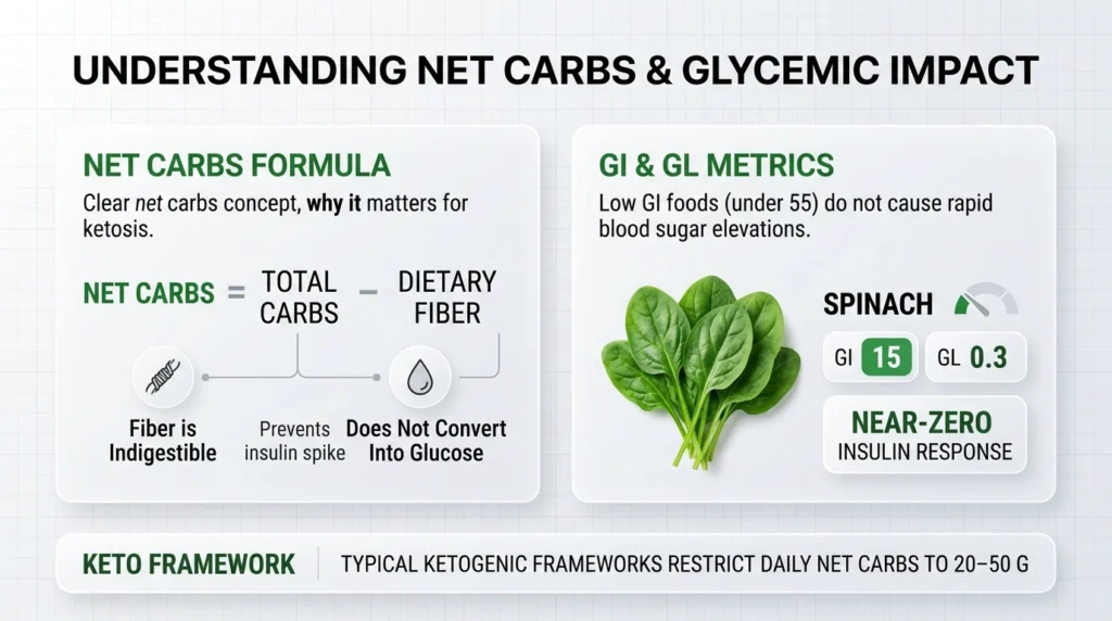 Infographic explaining net carbs = total carbs minus fiber, plus GI/GL logic, using spinach (GI 15, GL 0.3) as example.